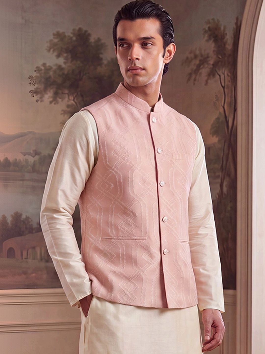 House of Pataudi Jacquard Woven Design Mandarin Collar Koti
