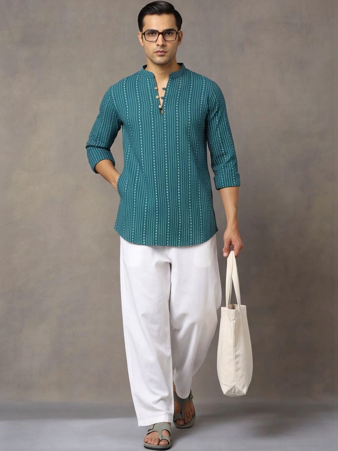 Navibhu Woven Design Striped Cotton Handloom Mandarin Collar Short Kurta