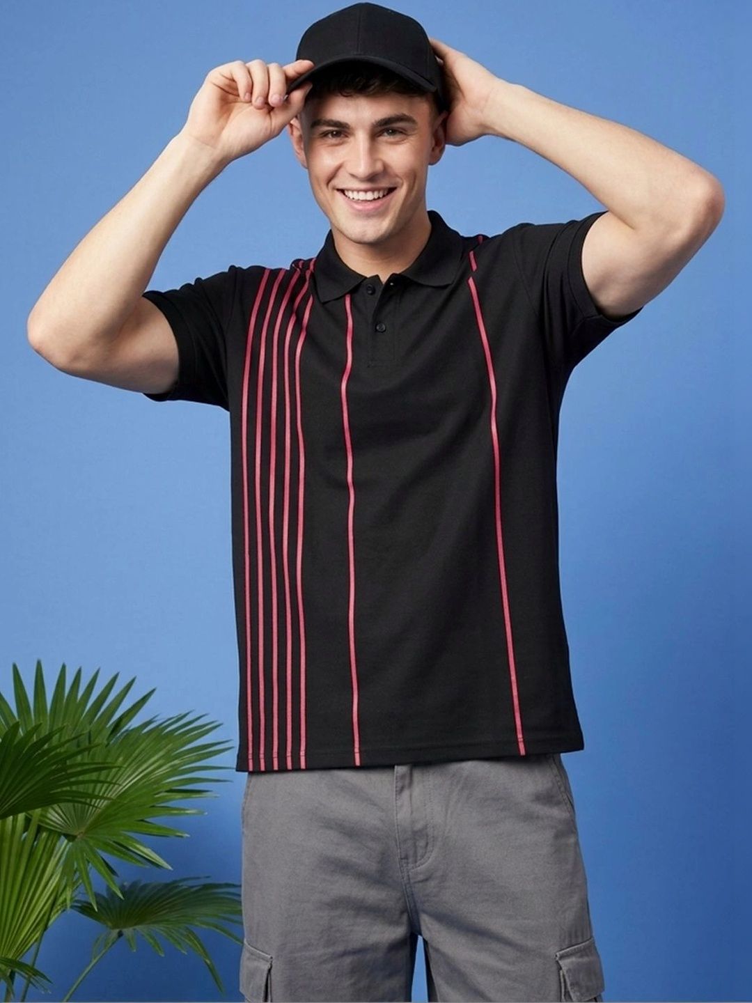 HERE&NOW Men Striped Polo Collar T-shirt