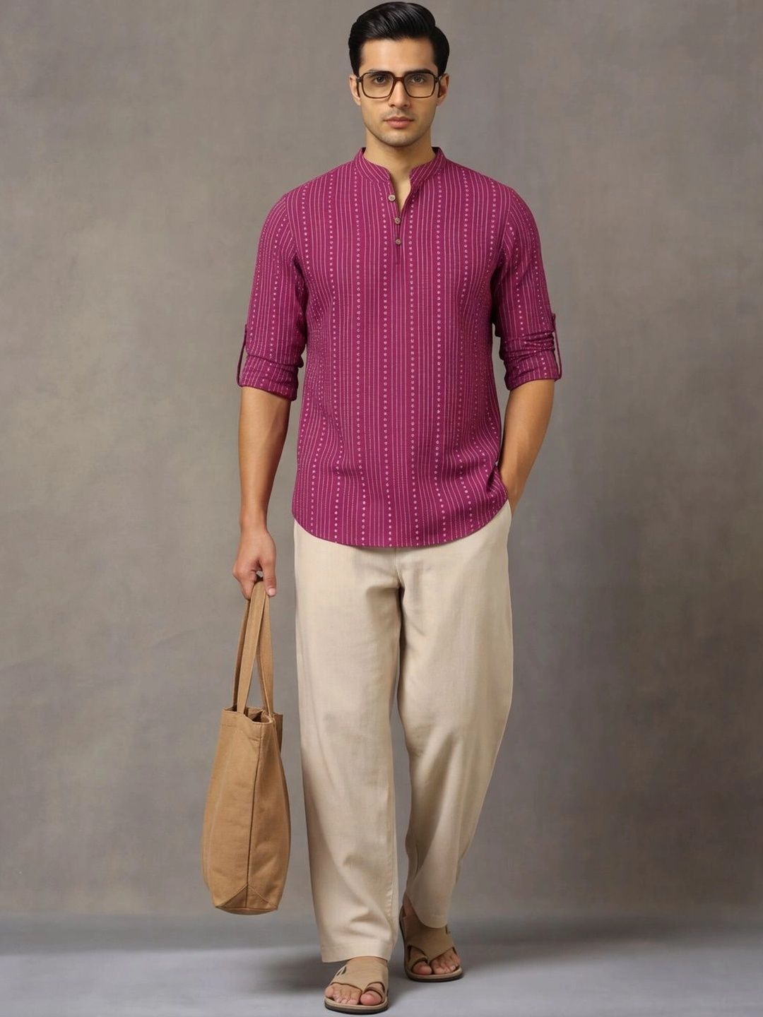 Navibhu Woven Design Striped Cotton Handloom Mandarin Collar Short Kurta