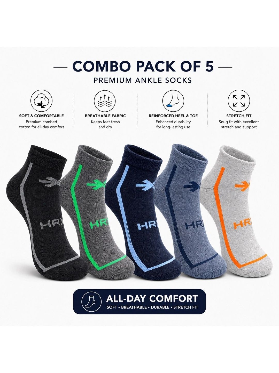 HRX by Hrithik Roshan Unisex Pack of 5 Cotton Blend Assorted Patterned Ankle Length Socks