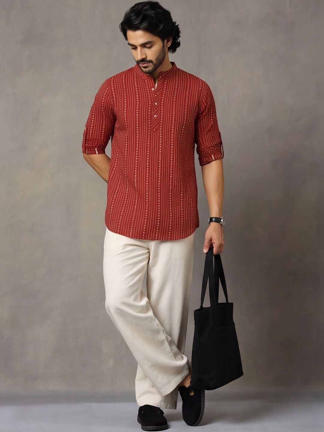 Navibhu Woven Design Abstract Cotton Handloom Mandarin Collar Short Kurta