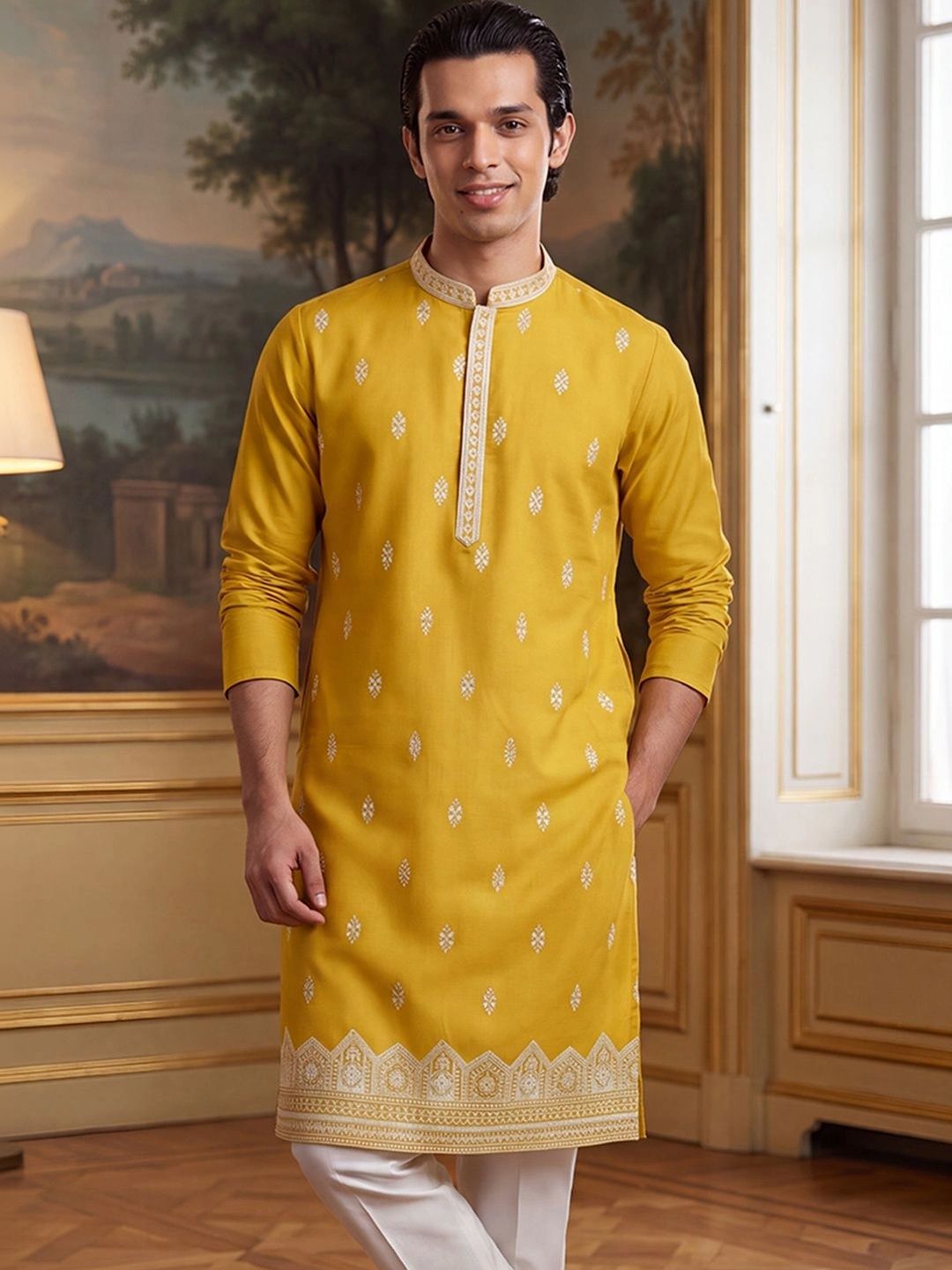 House of Pataudi Men Embellished Thread Work Kurta