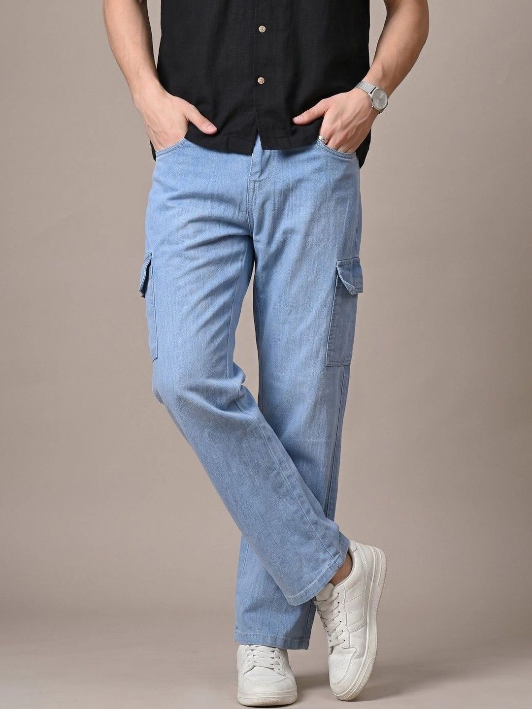 HERE&NOW Men's Light Wash Mid-Rise Cargo Relaxed Straight Jeans