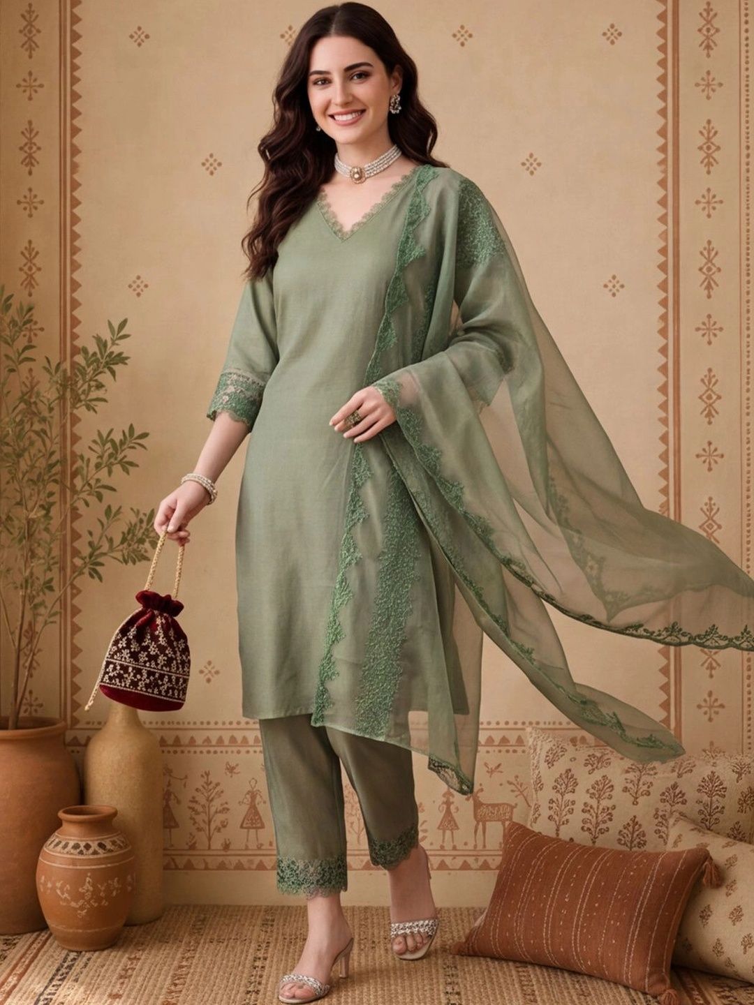 Anouk Women Regular Thread Work Kurta with Trousers & With Dupatta