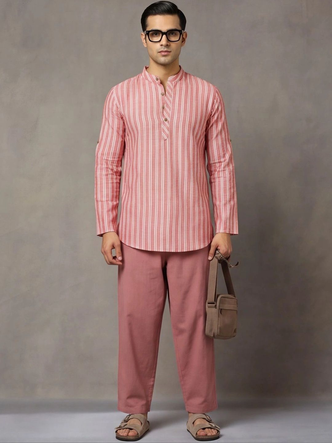 Navibhu Woven Design Striped Cotton Handloom Mandarin Collar Short Kurta