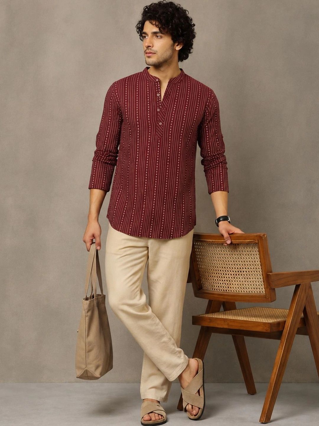 Navibhu Woven Design Abstract Cotton Handloom Mandarin Collar Short Kurta