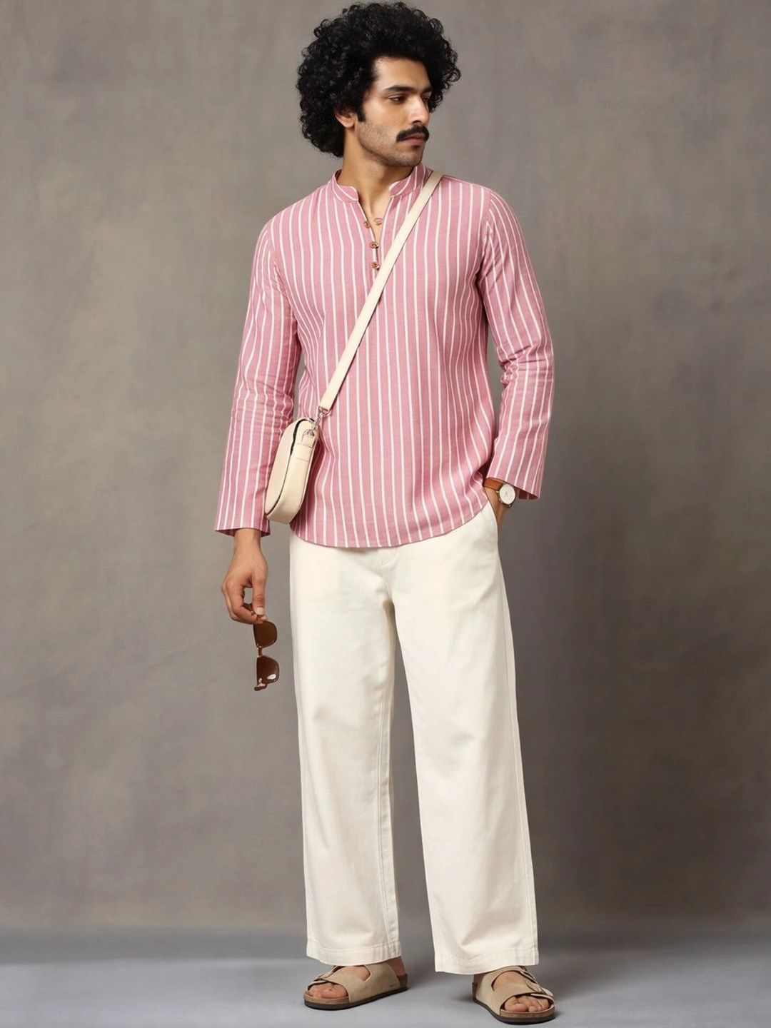 Navibhu Woven Design Striped Cotton Handloom Mandarin Collar Short Kurta