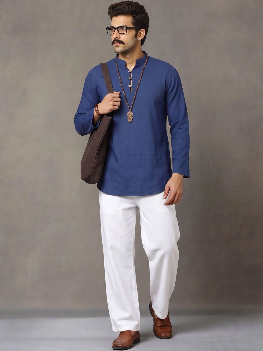 Navibhu Woven Design Solid Cotton Handloom Mandarin Collar Short Kurta