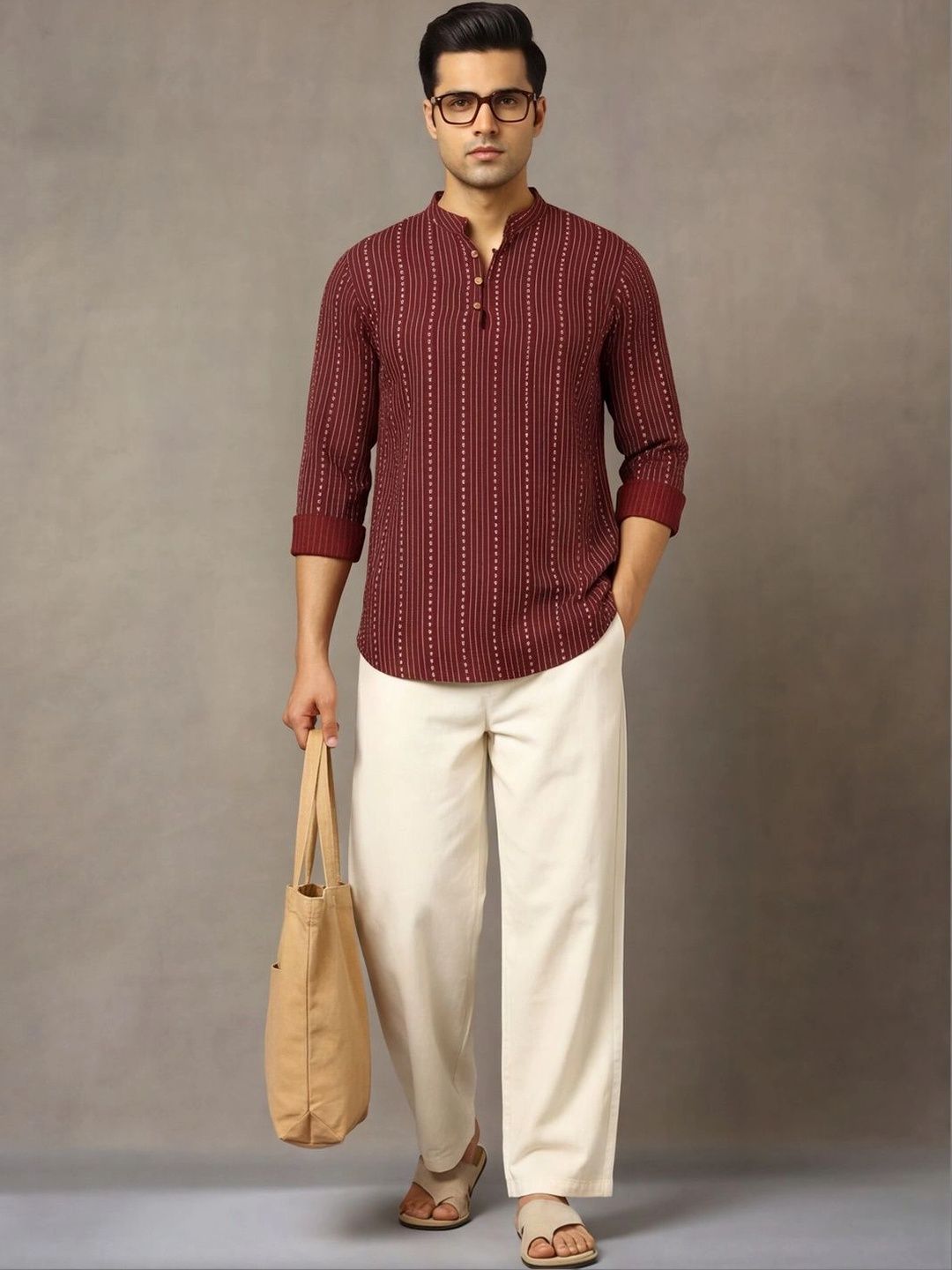 Navibhu Woven Design Striped Cotton Handloom Mandarin Collar Short Kurta