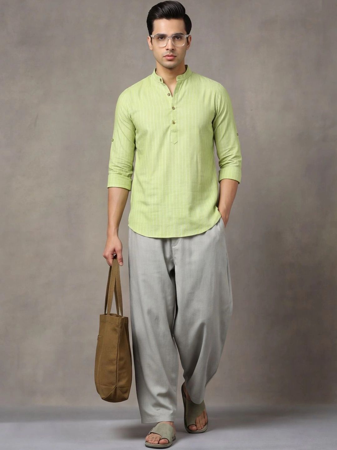 Navibhu Woven Design Solid Cotton Handloom Mandarin Collar Short Kurta