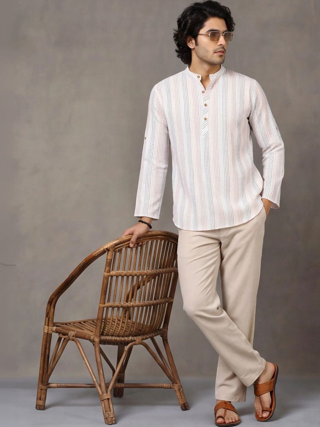Navibhu Woven Design Striped Cotton Handloom Mandarin Collar Short Kurta