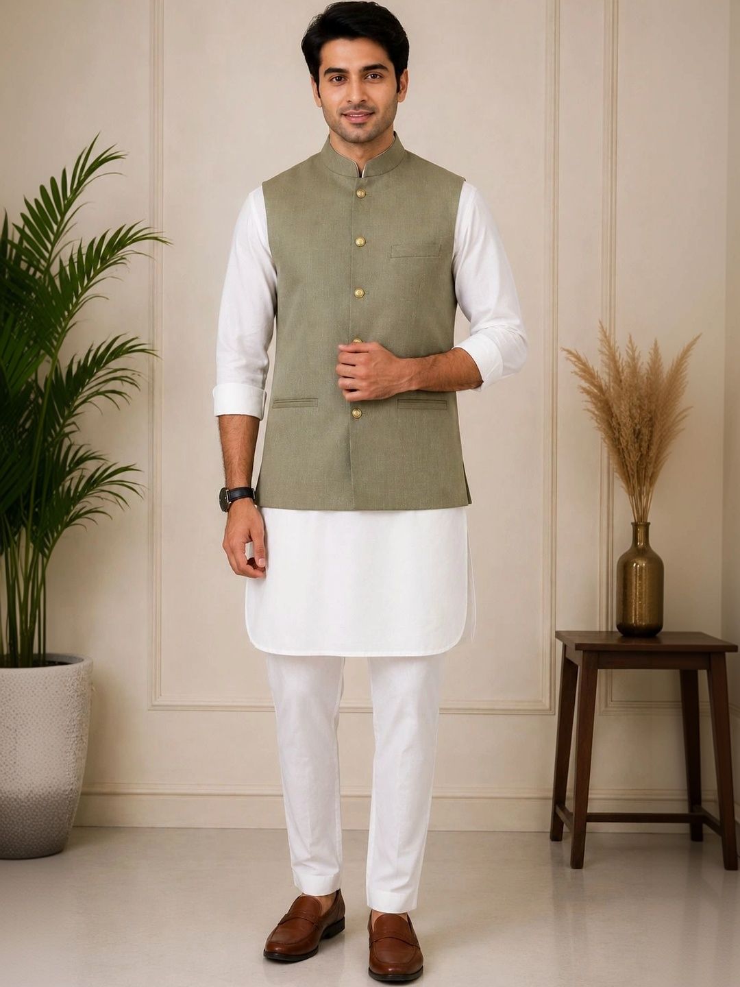 Shiv Leela Woven Mandarian Collar Neck Nehru Jacket