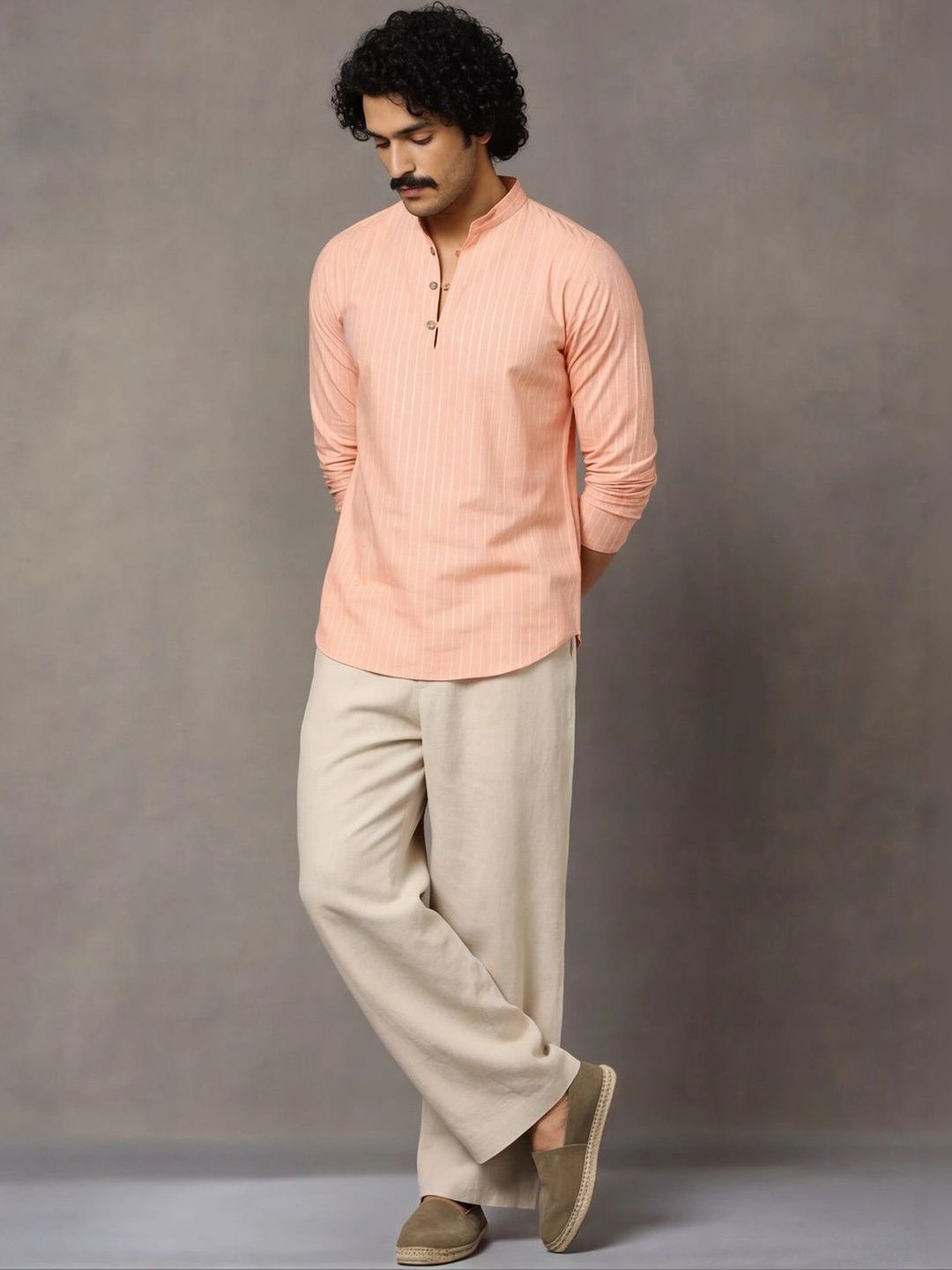 Navibhu Woven Design Solid Cotton Handloom Mandarin Collar Short Kurta
