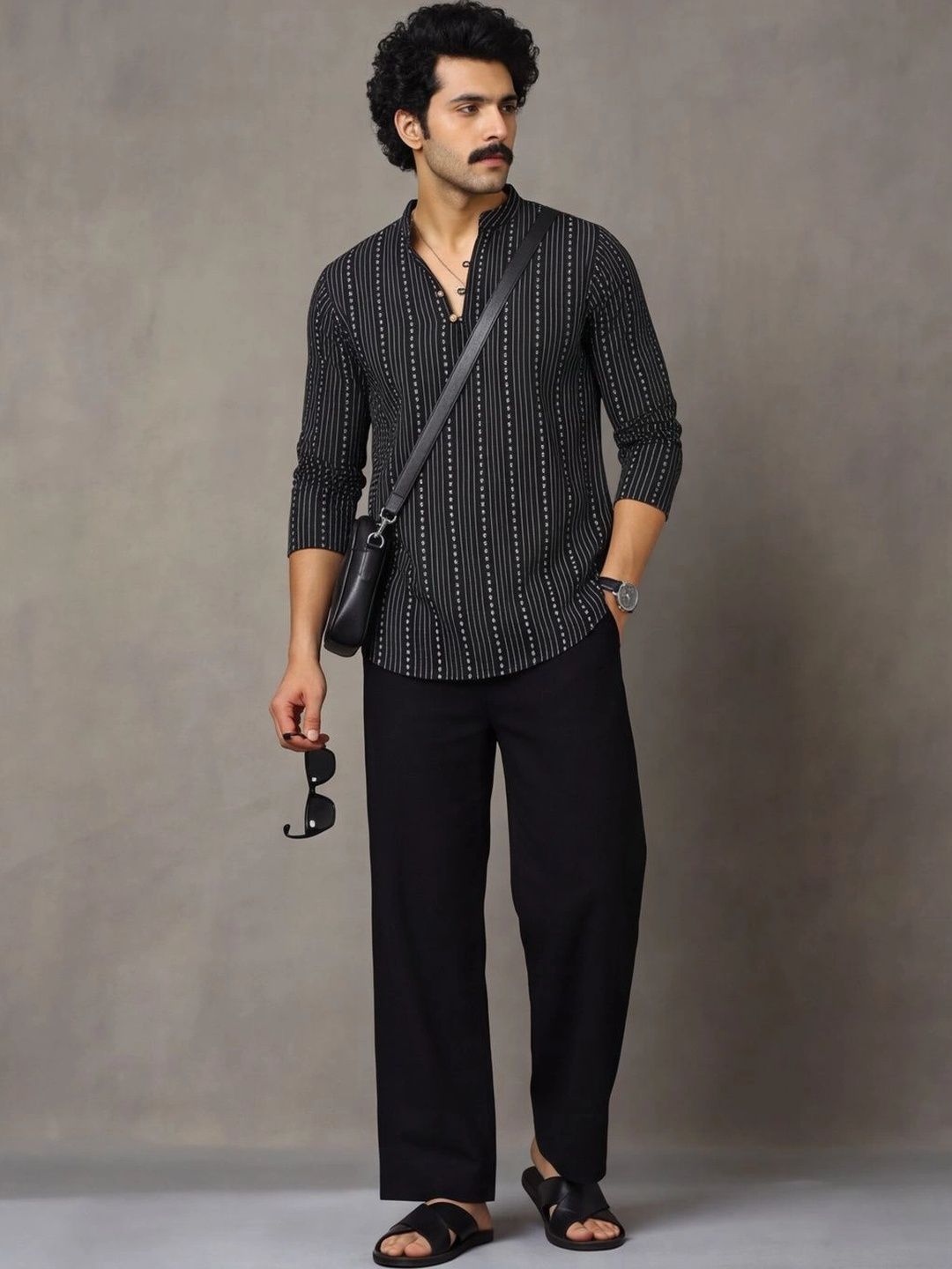 Navibhu Woven Design Striped Cotton Handloom Mandarin Collar Short Kurta