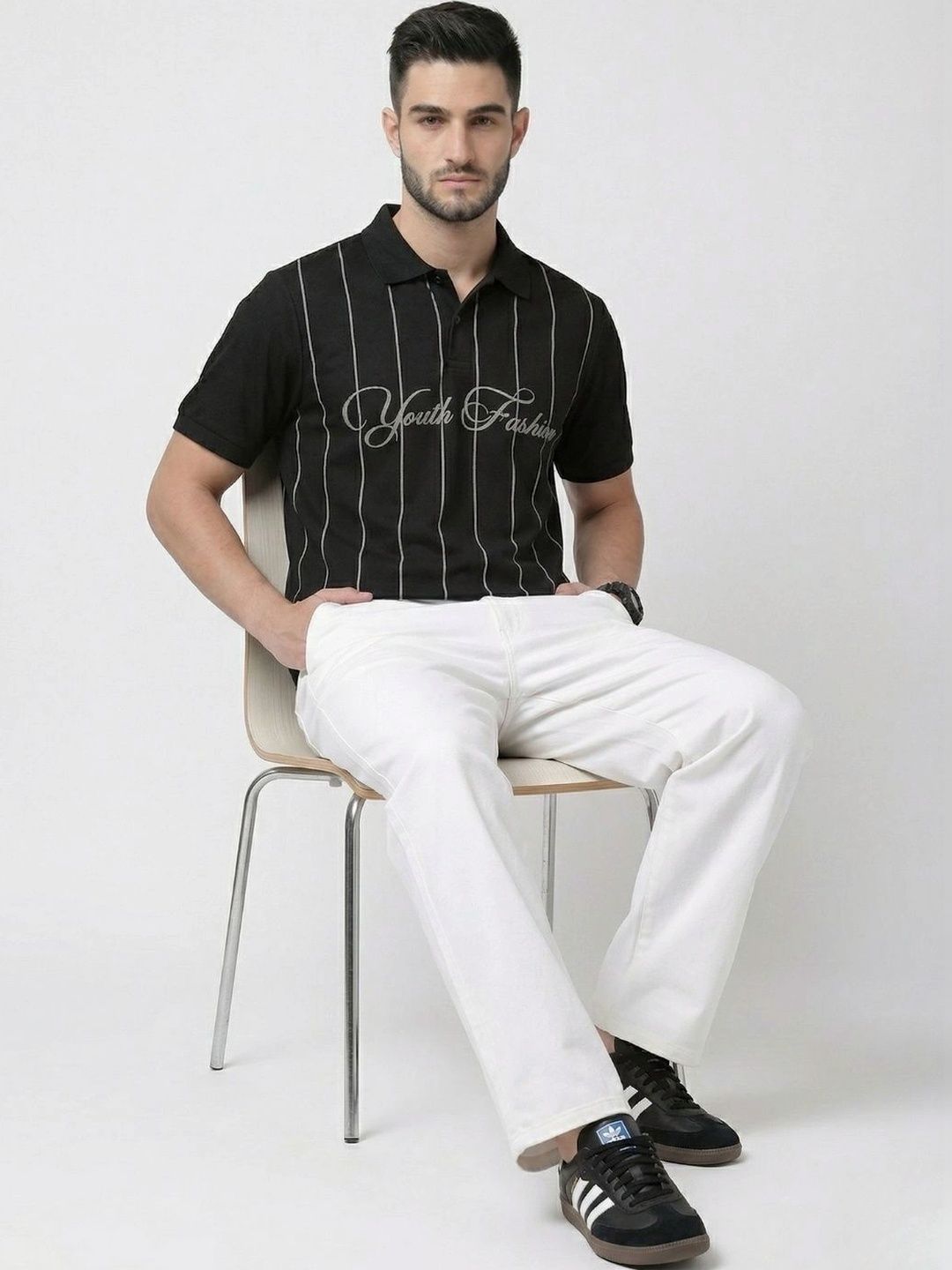 HERE&NOW Men Typography Striped Polo Collar T-shirt