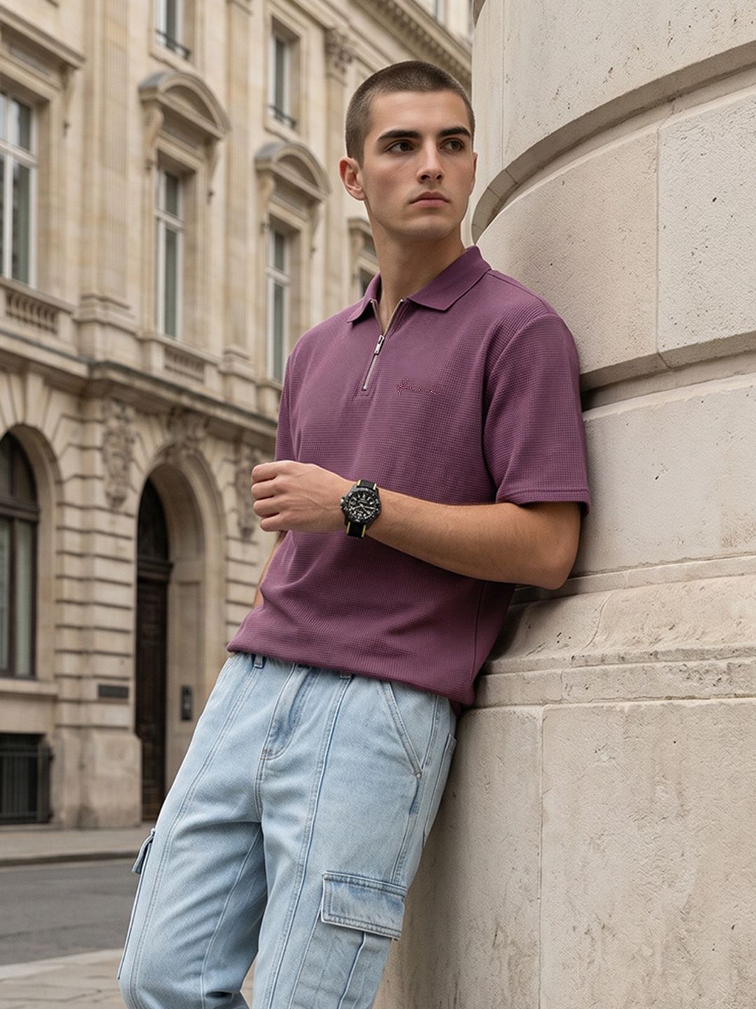 FCUK Relaxed Fit Self Design Polo Collar T-shirt