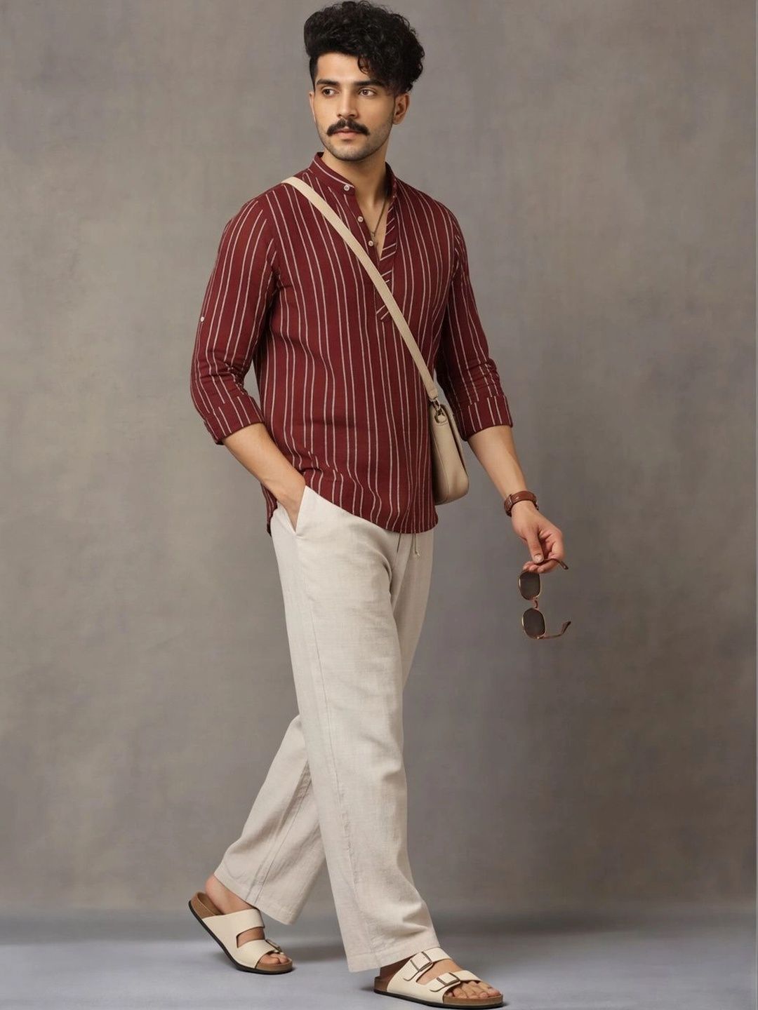Navibhu Woven Design Striped Cotton Handloom Mandarin Collar Short Kurta