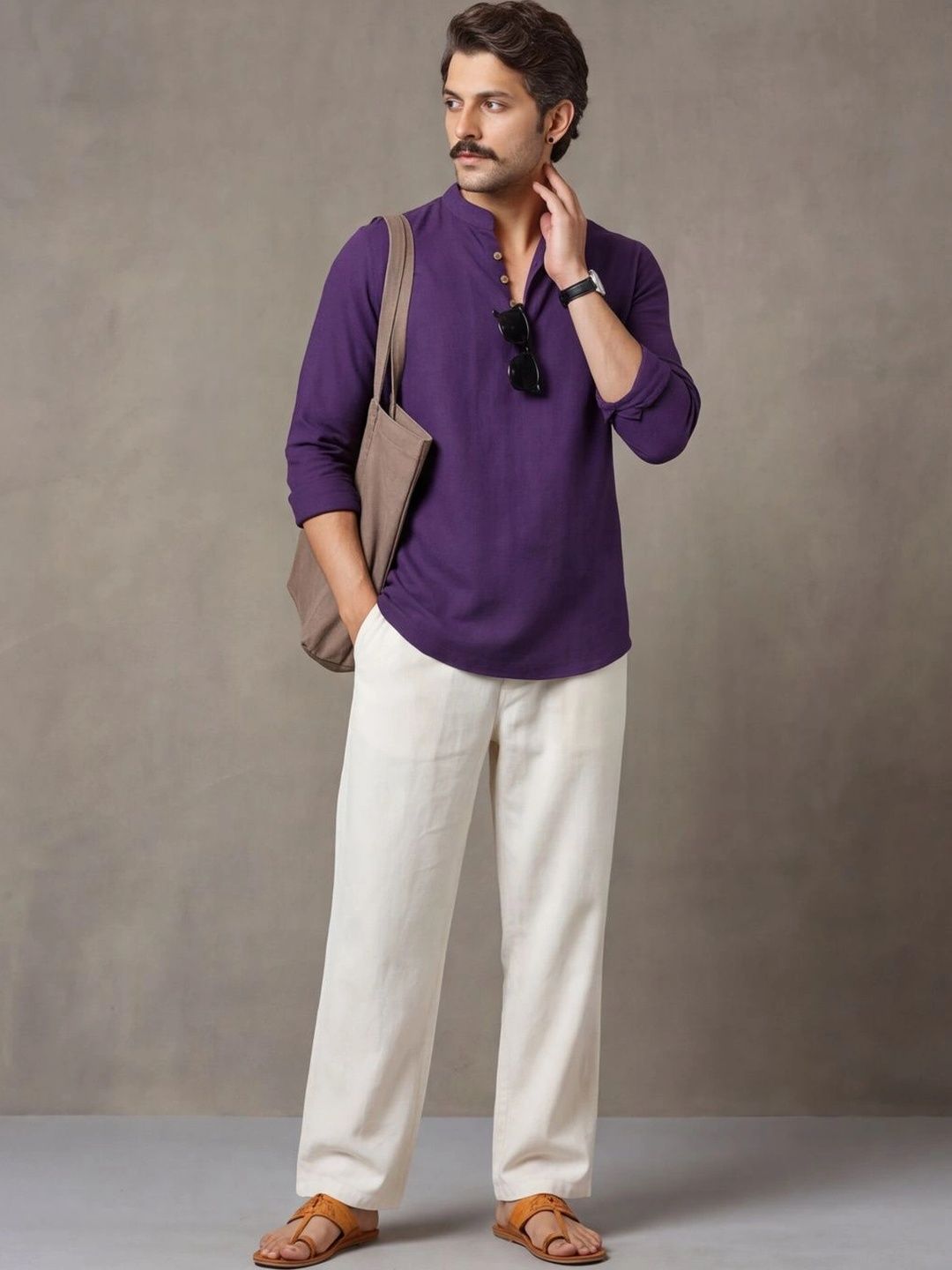 Navibhu Woven Design Solid Cotton Handloom Mandarin Collar Short Kurta