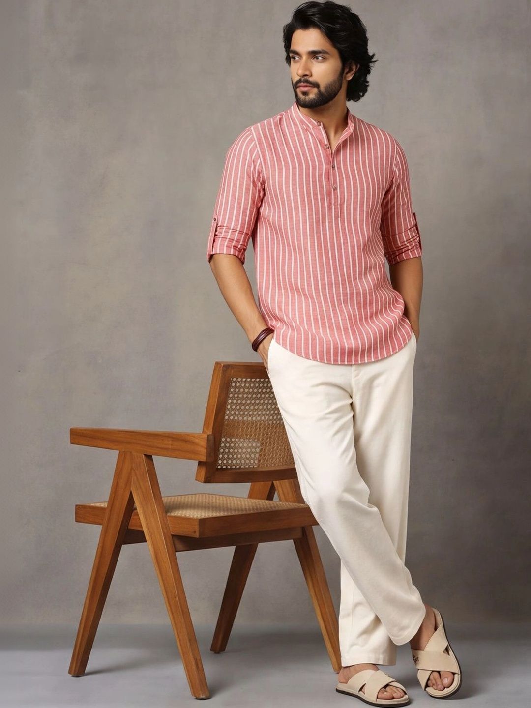 Navibhu Woven Design Striped Cotton Handloom Mandarin Collar Short Kurta