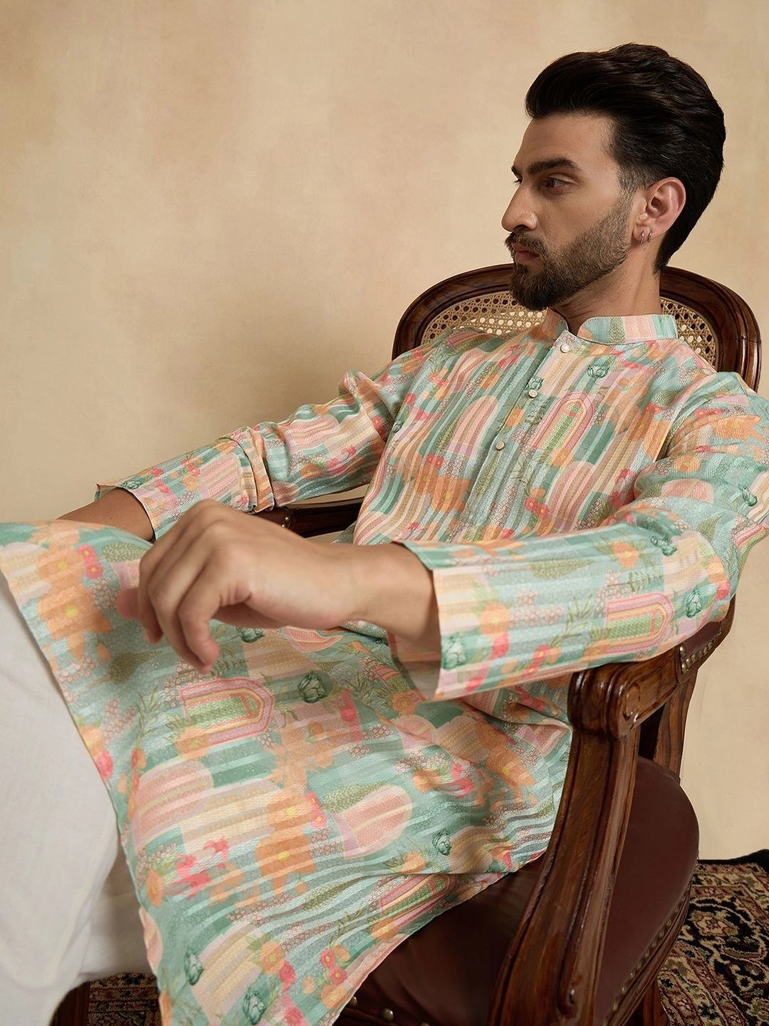 House of Pataudi Motifs Printed Mandarin Collar Knee Length Straight Kurta