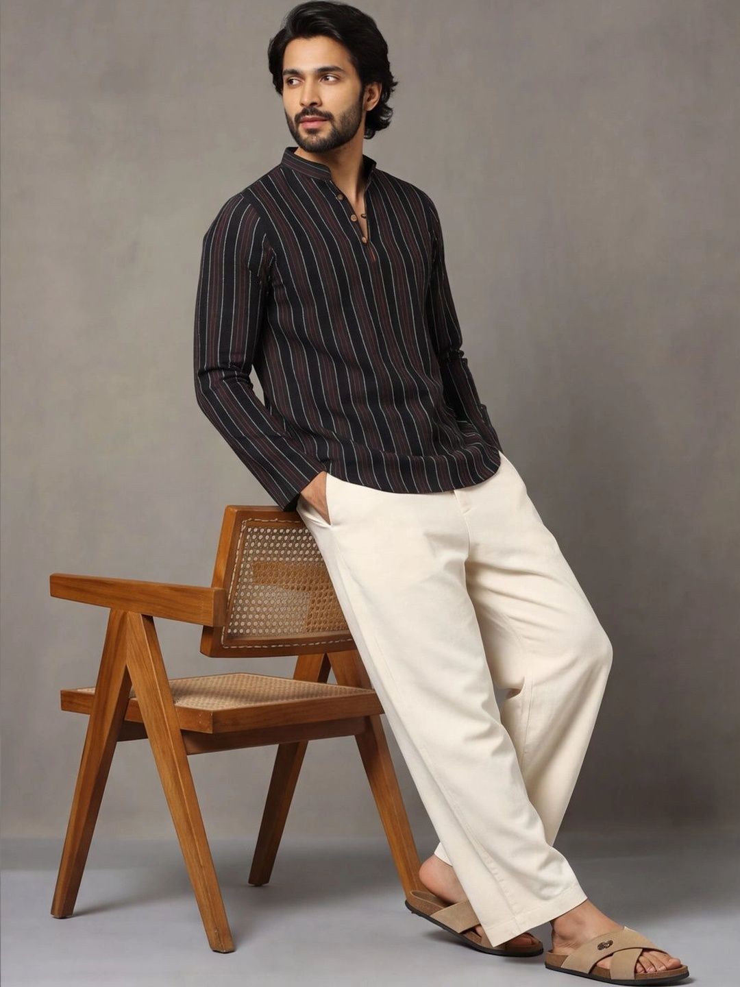 Navibhu Woven Design Striped Cotton Handloom Mandarin Collar Short Kurta