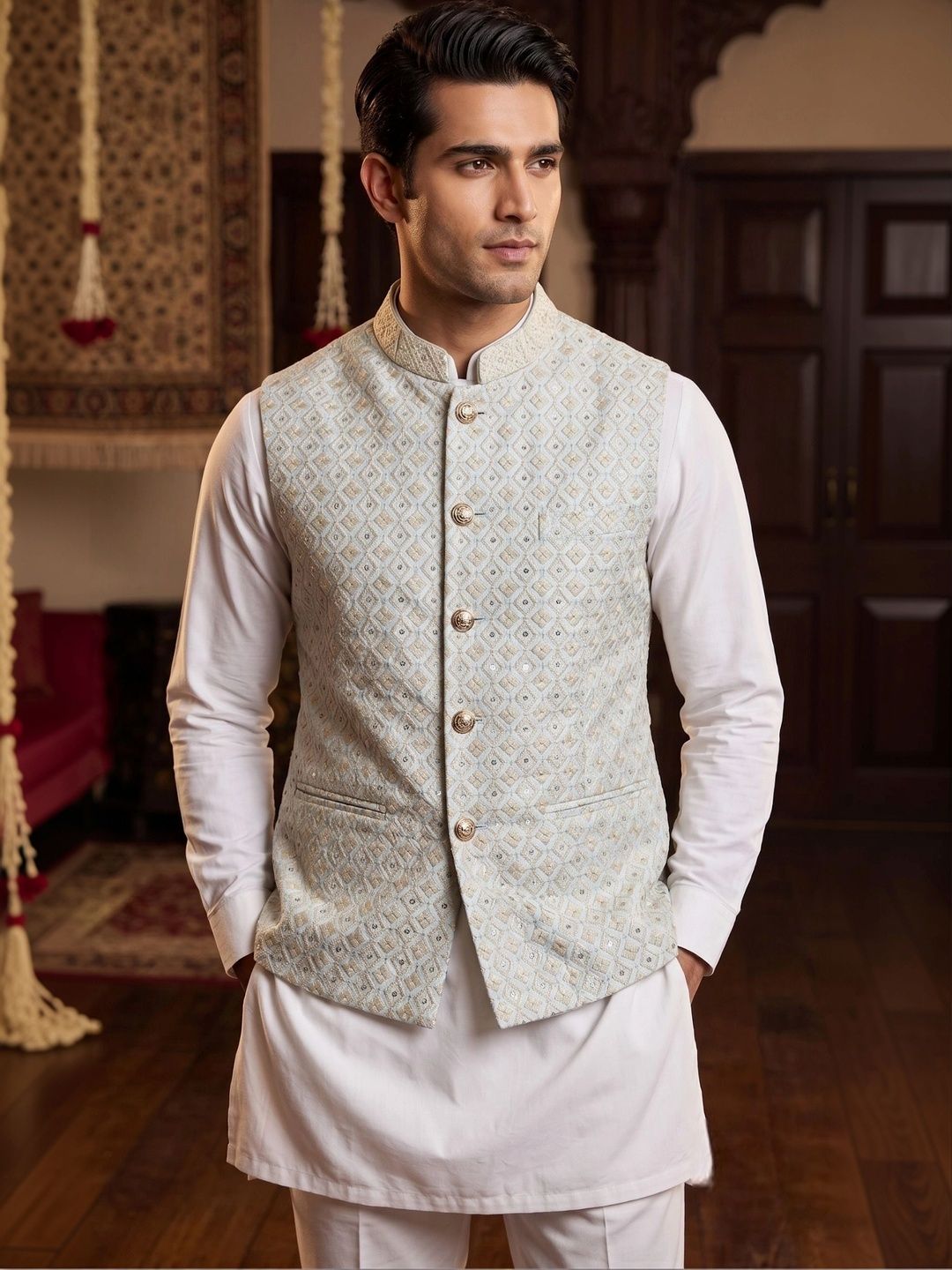 Shiv Leela Embroidered Mandarin Collar Nehru Jacket