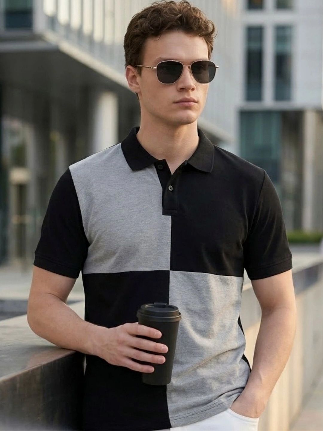 HERE&NOW Men Colourblocked Polo Collar T-shirt