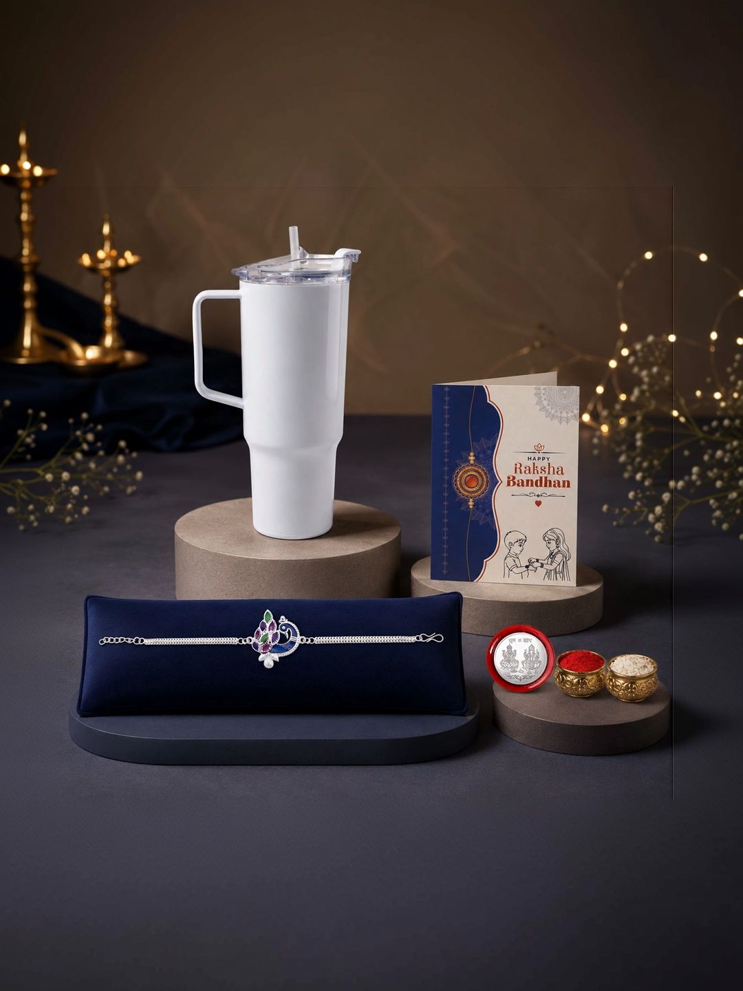 Myntra Elegant Homes Set of 1 Rakhi with Silver Coin Water Bottle-1800 ml & Roli Chawal