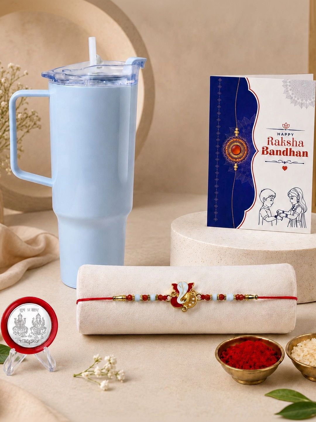 Myntra Elegant Homes Set of 6 Rakhi Gift Set With Silver Coin, Greeting Card & Roli Chawal