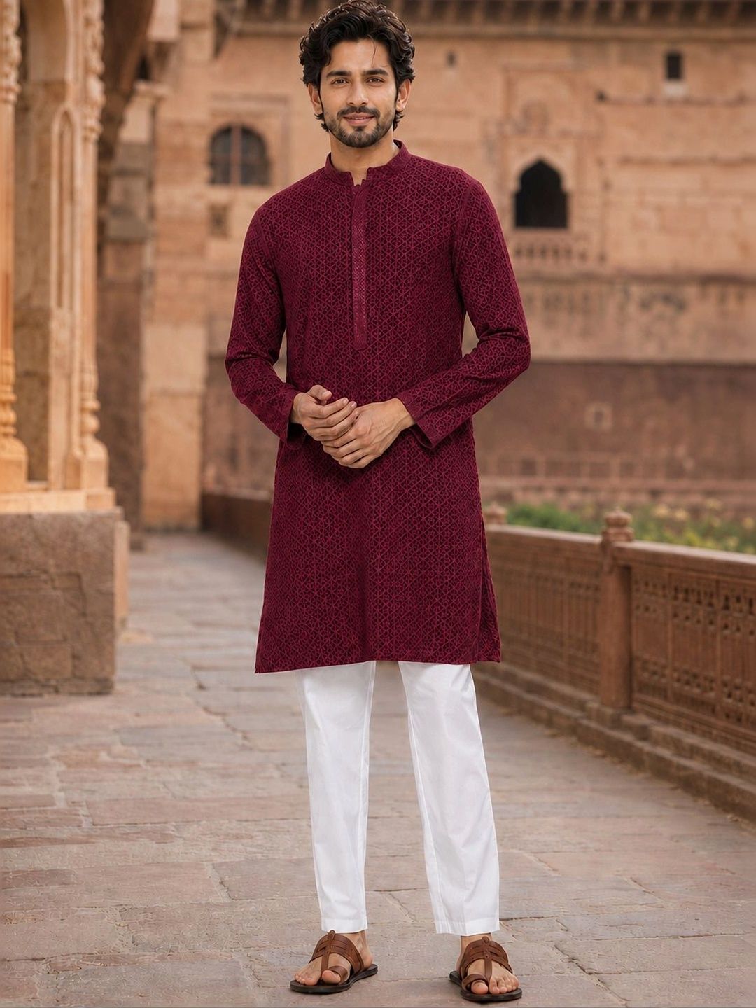 See Designs Geometric Embroidered Mandarin Collar Chikankari Straight Kurta
