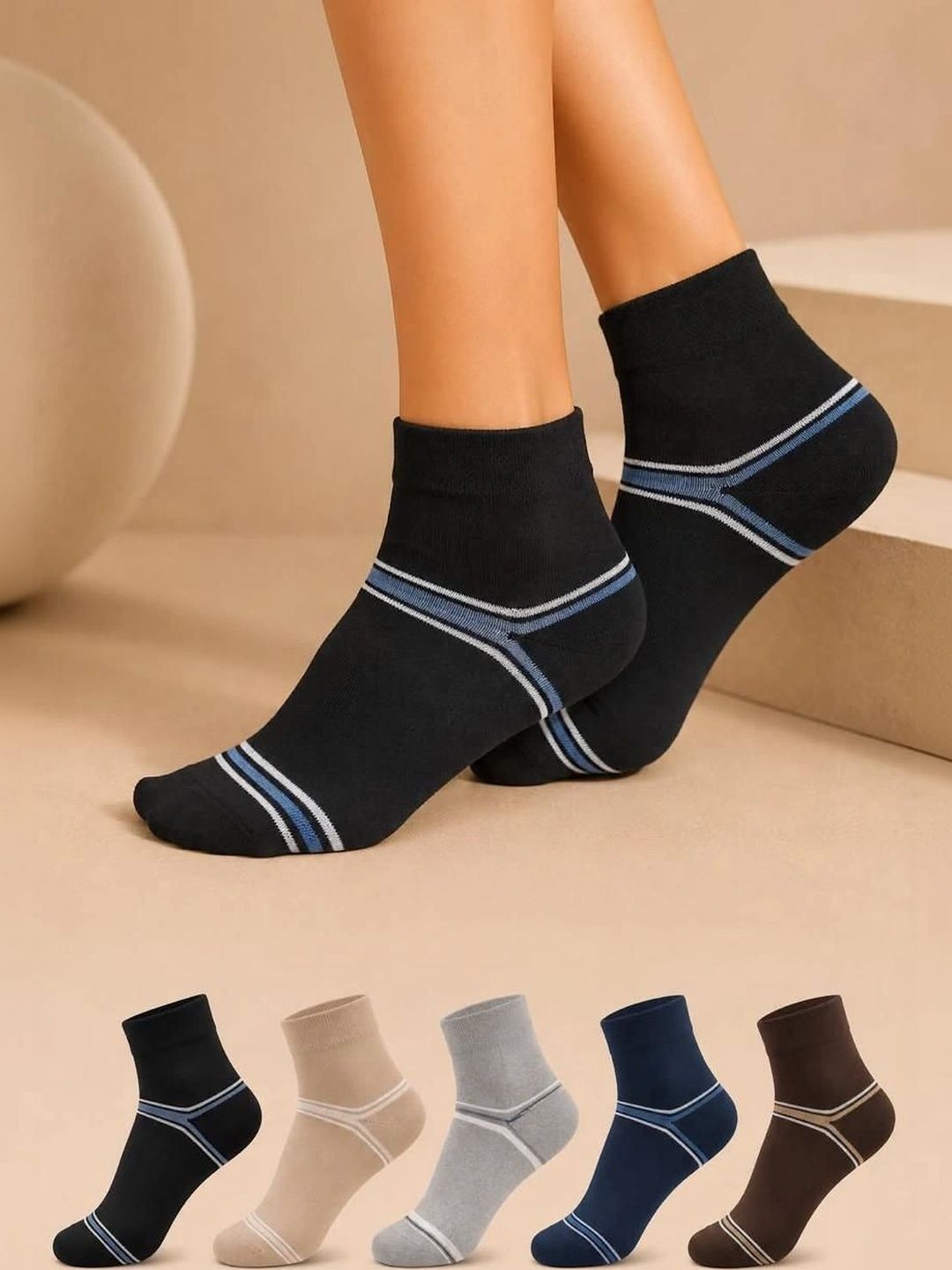 REDCARP Men Pack of 5 Cotton Striped Above Ankle Socks