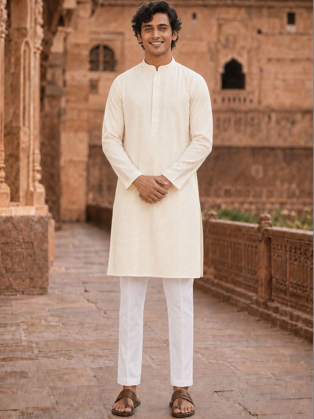 See Designs Mandarin Collar Geometric Chikankari Embroidered Straight Kurta