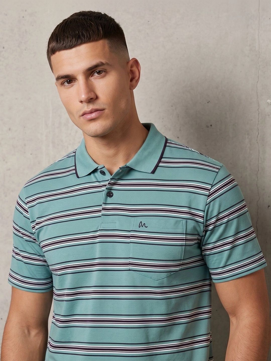MALER Men Striped Polo Collar Pockets T-shirt