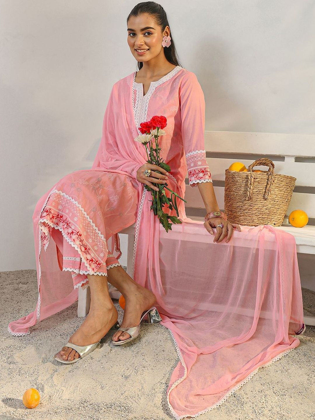 Libas Pink Floral Embroidered Cotton Straight Suit Set With Dupatta