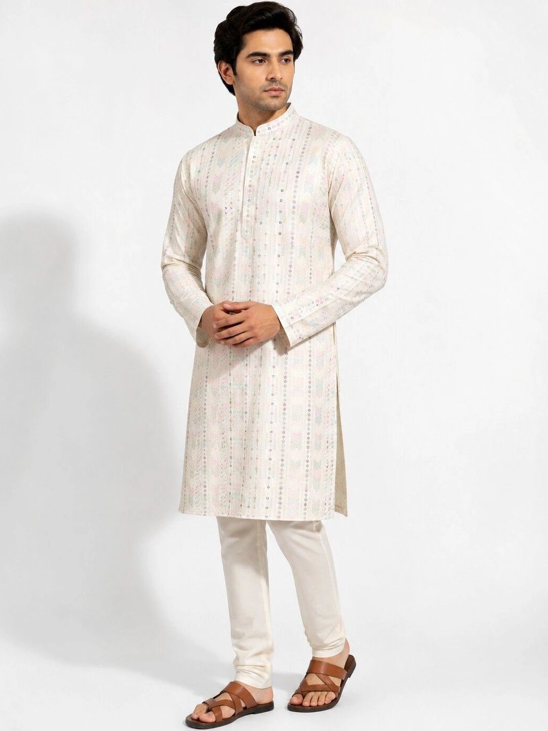 The Dapperman Men Ethnic Motifs Embroidered Thread Work Pastels Kurta