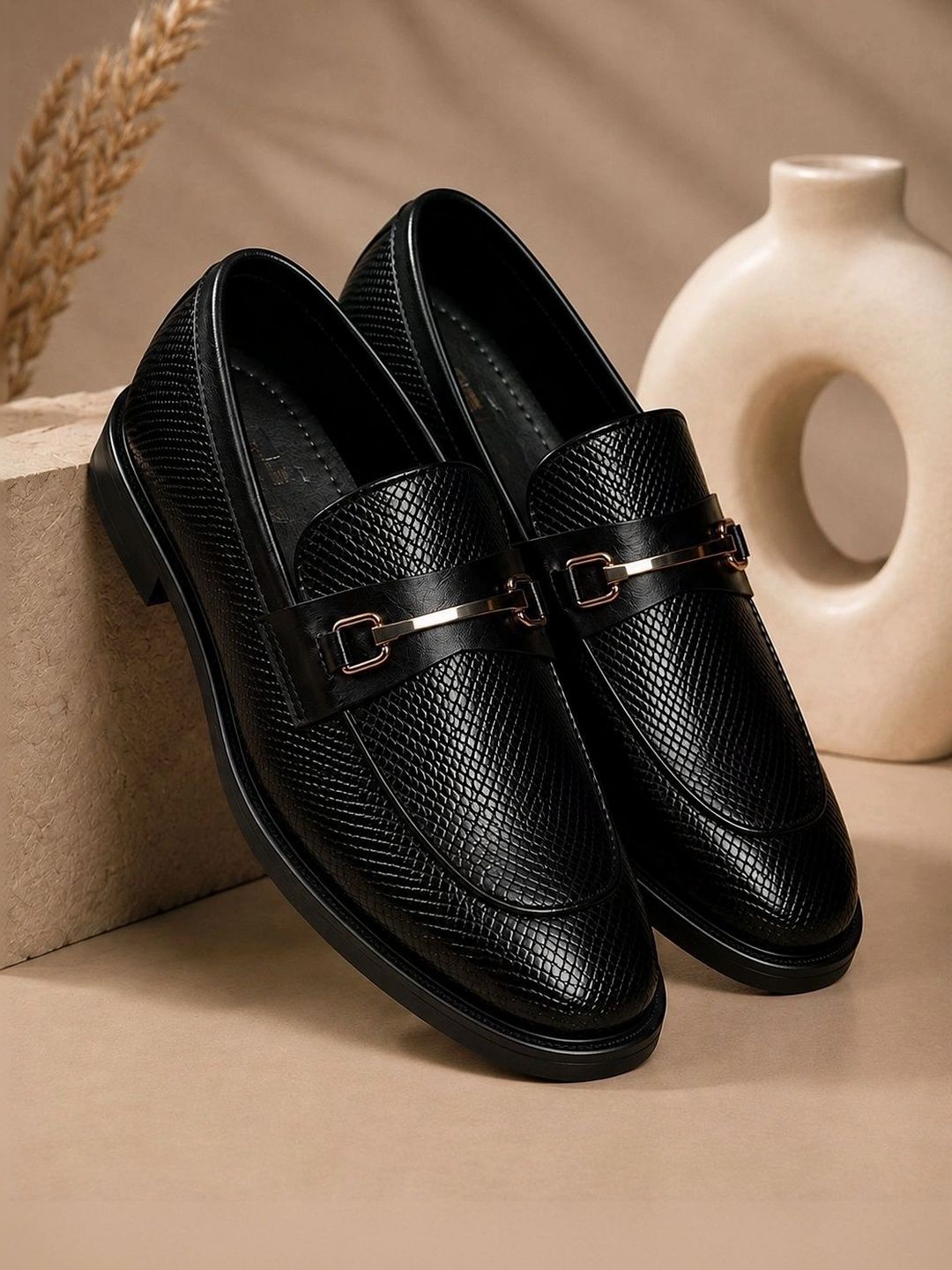 House of Pataudi Men Textured Round Toe Slip-On Loafers Formal Shoes