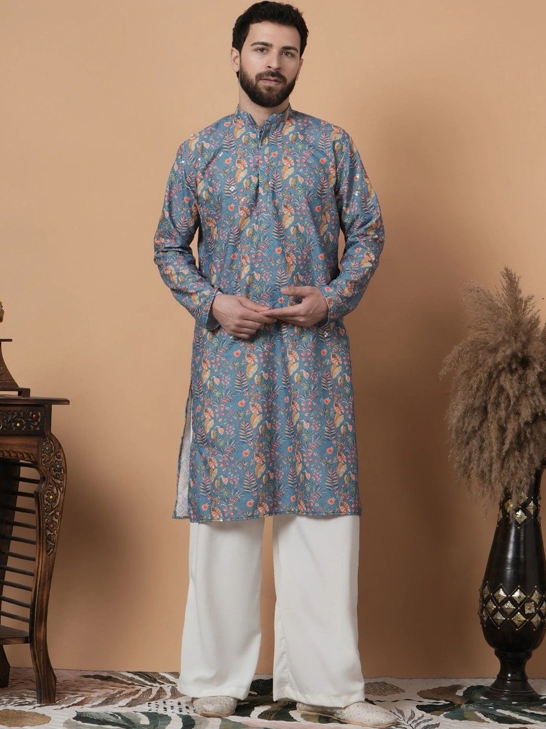 SHROBH Men Floral Printed Sequinned Floral Kurta