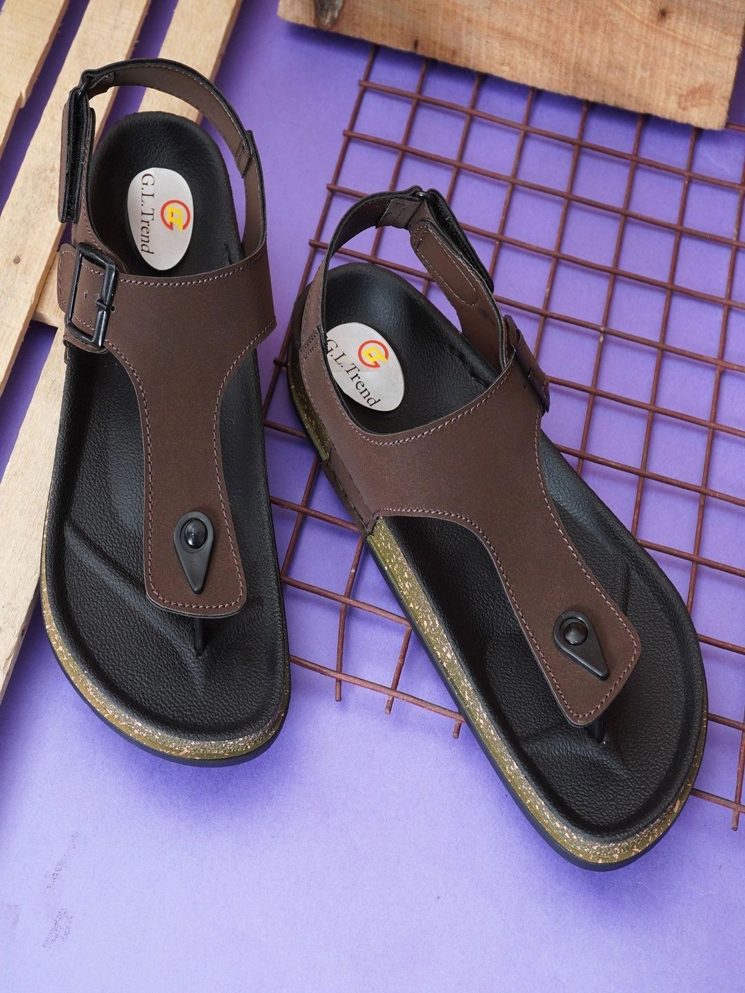 G L Trend Men Casual Iightweight Brown T Strap Velcro Sandals