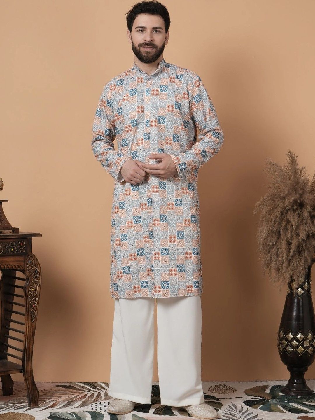 SHROBH Men Geometric Printed Khadi Kurta