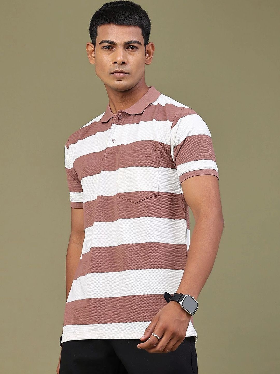 V-Mart Men Striped Polo Collar Pockets Slim Fit T-shirt
