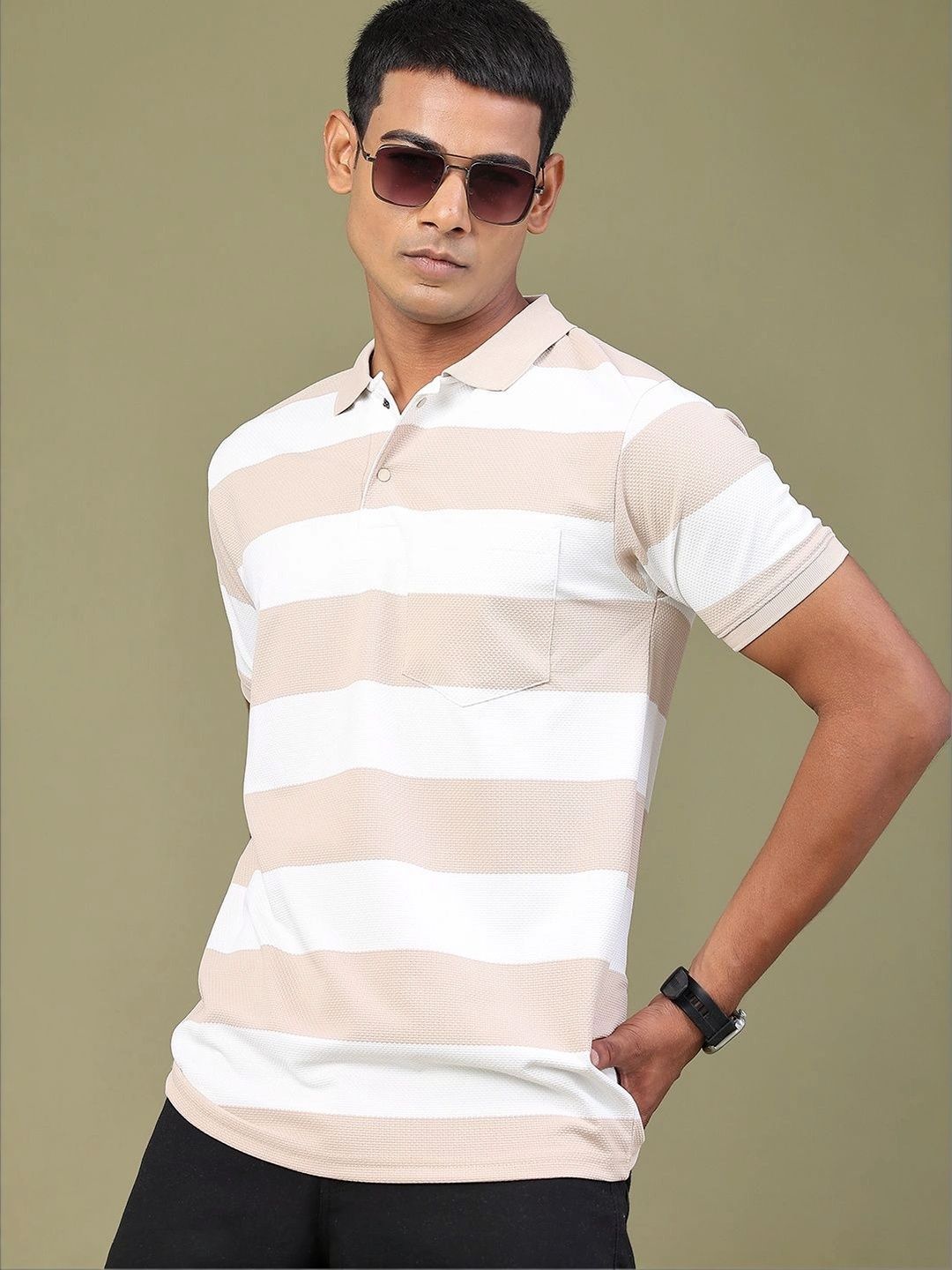 V-Mart Men Striped Polo Collar Pockets Slim Fit T-shirt