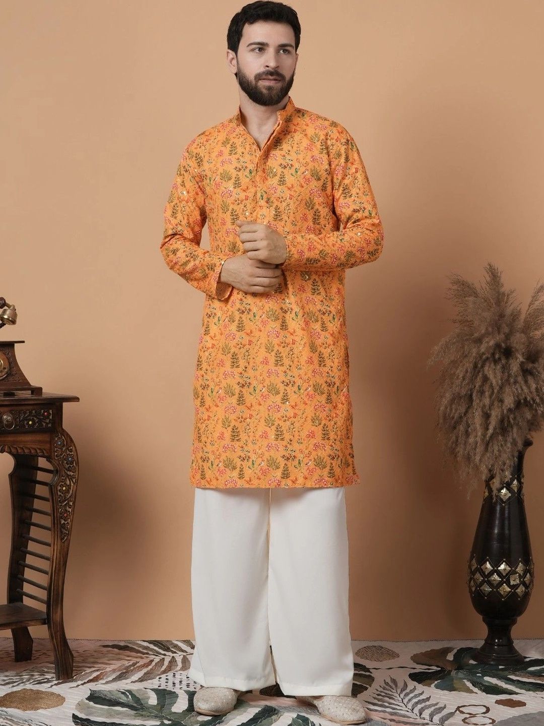 SHROBH Men Floral Printed Mirror Work Floral Kurta