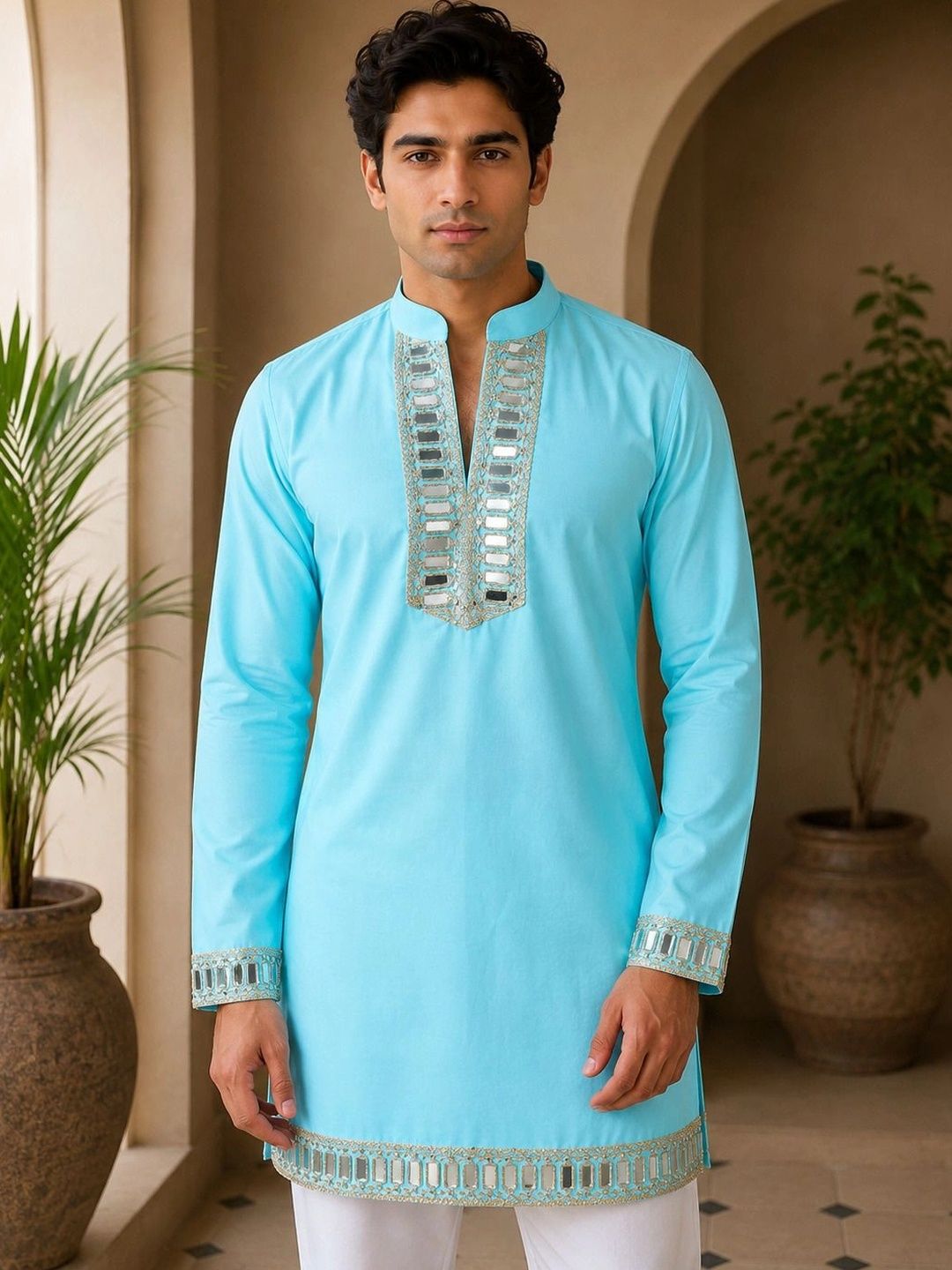 House of Pataudi Men Embellished Mirror Work Kurta
