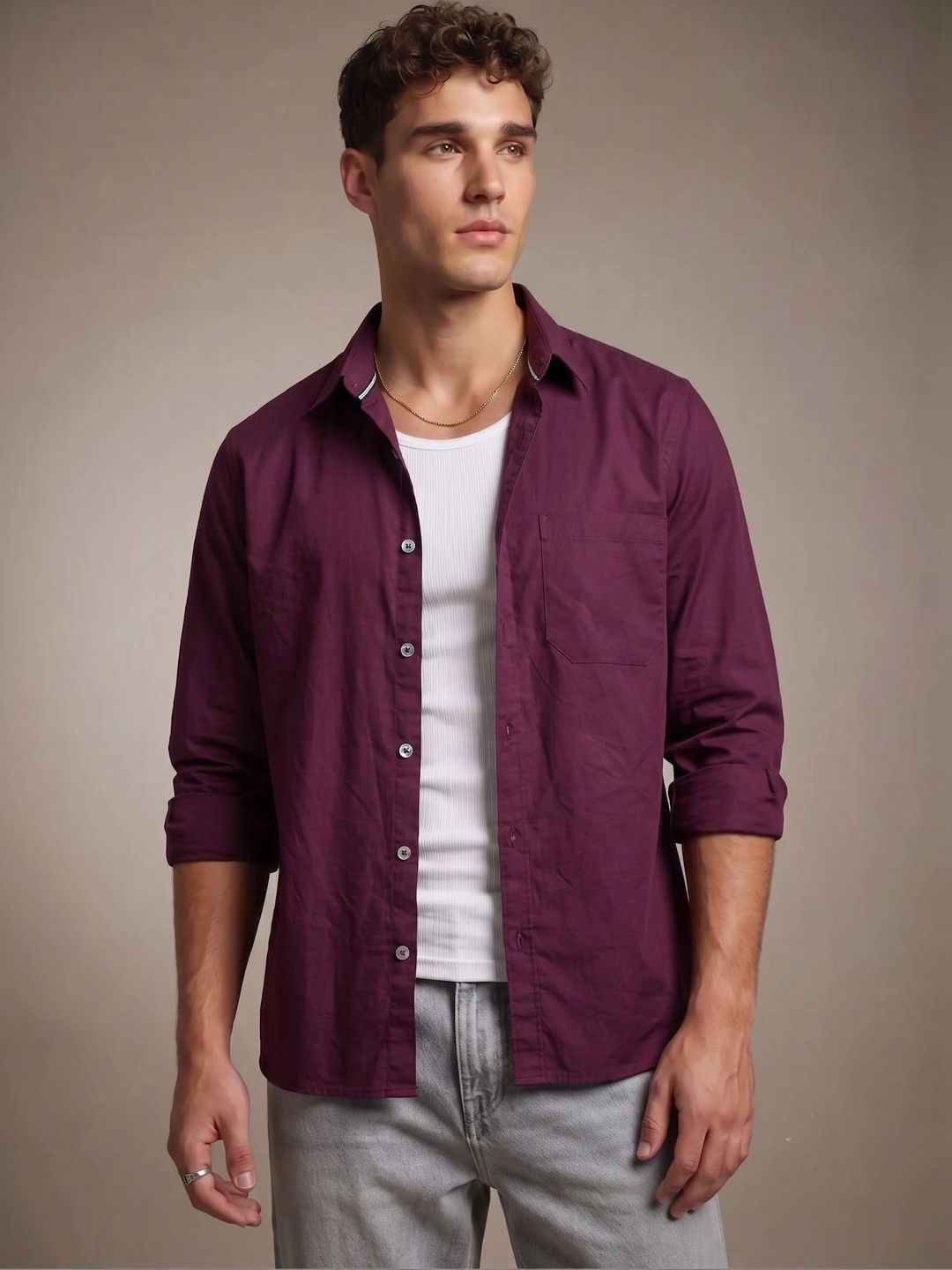 glitchez Purple Regular Fit Casual Shirt with Curved Hem