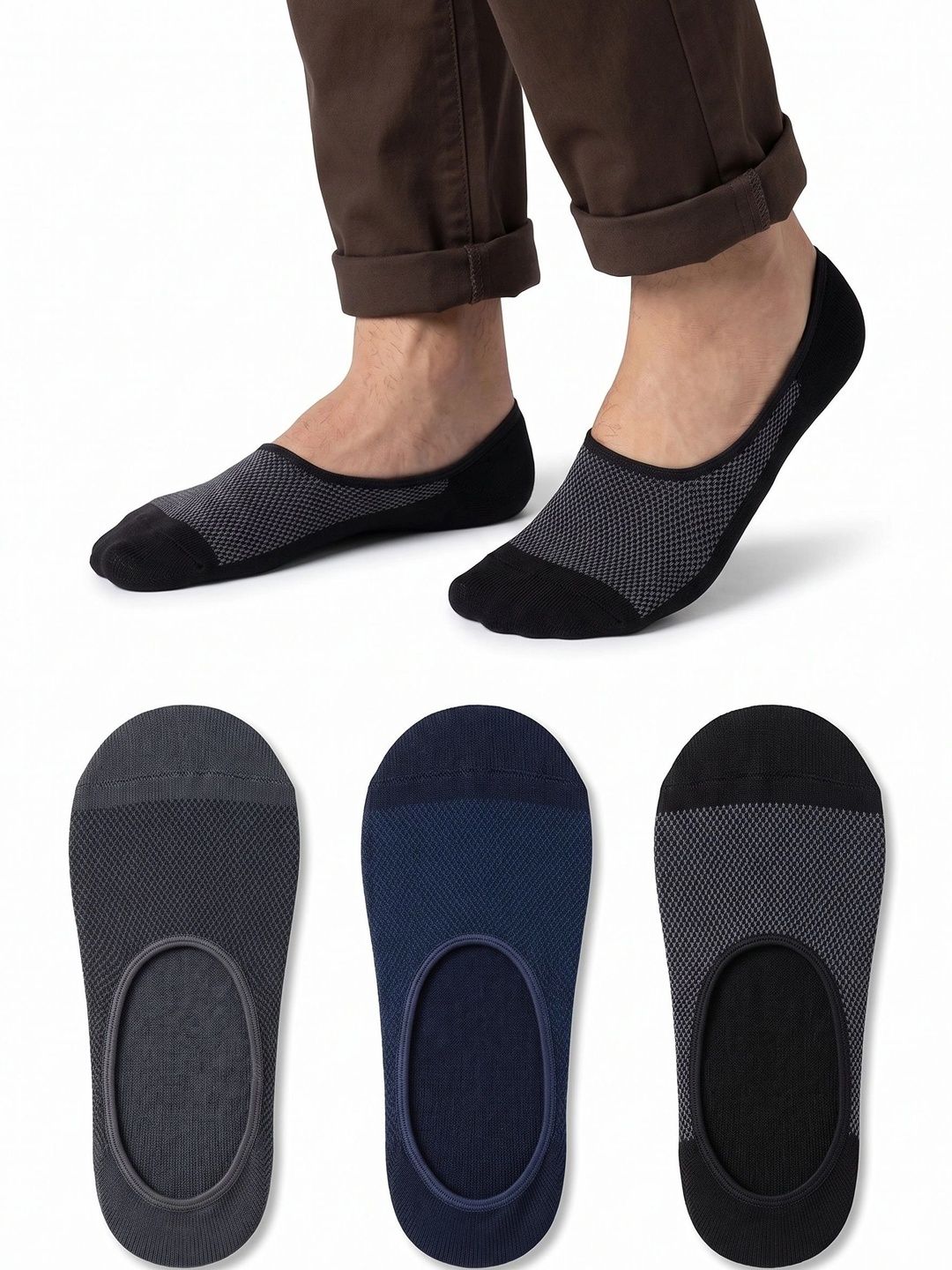 NeaToes Men Pack of 3 Cotton Patterned Shoe Liners Socks