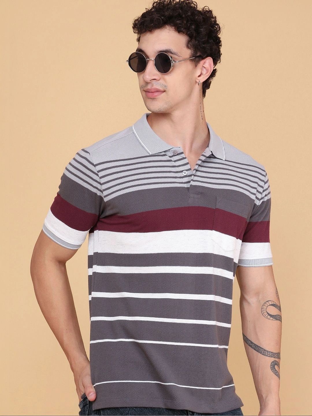LIMEROAD Men Striped Polo Collar Pockets T-shirt