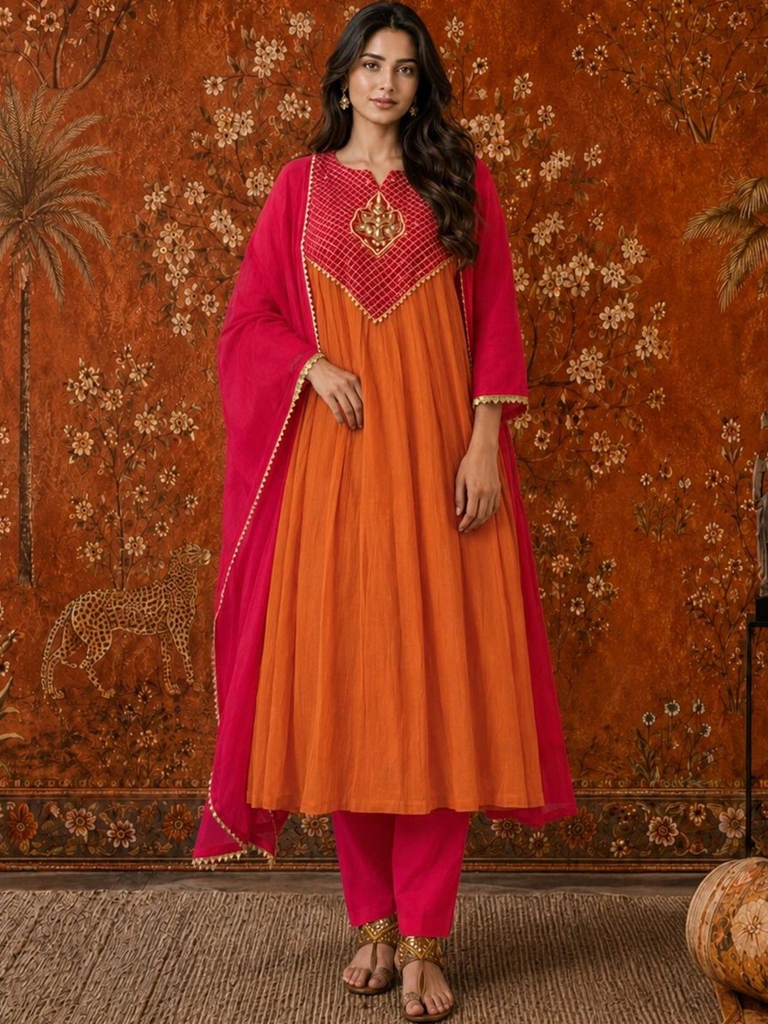 Sangria Women Ethnic Moti Empire Thread Work Kurta with Trousers & With Dupatta