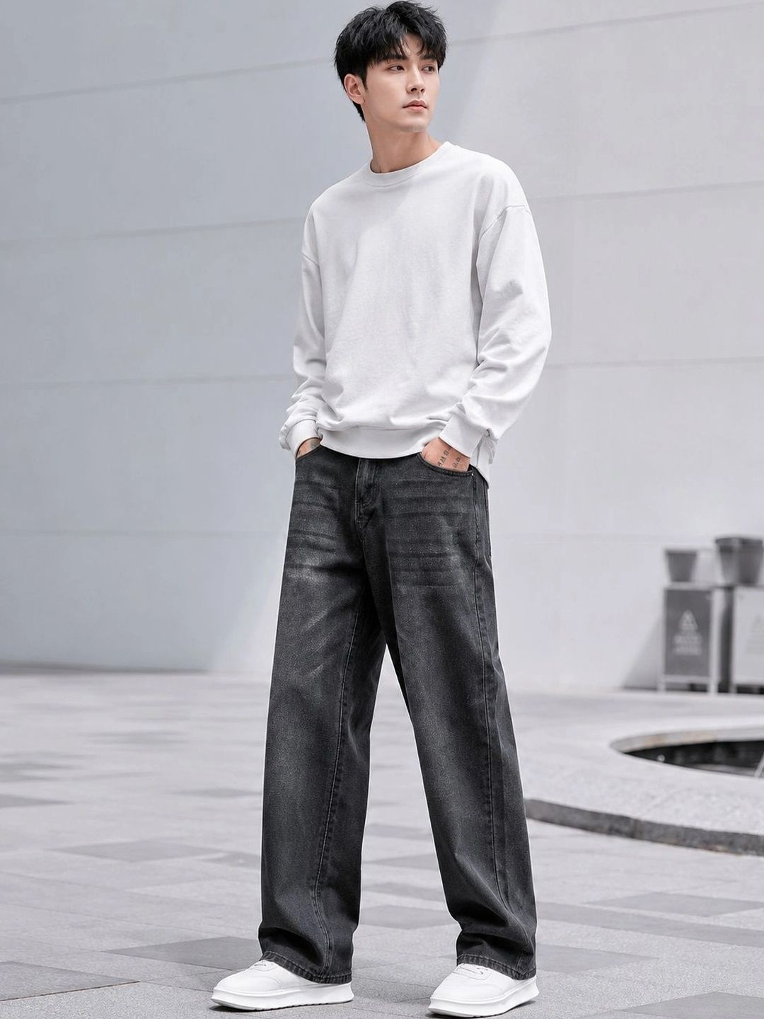 BREXX Men Wide Leg Mid-Rise Light Fade Stretchable Jeans