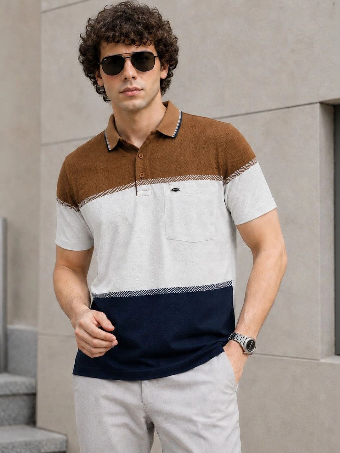 ESSA Men Colourblocked Polo Collar Pockets T-shirt
